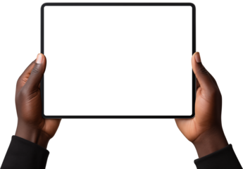 Black man holds digital tablet in hands. Isolated