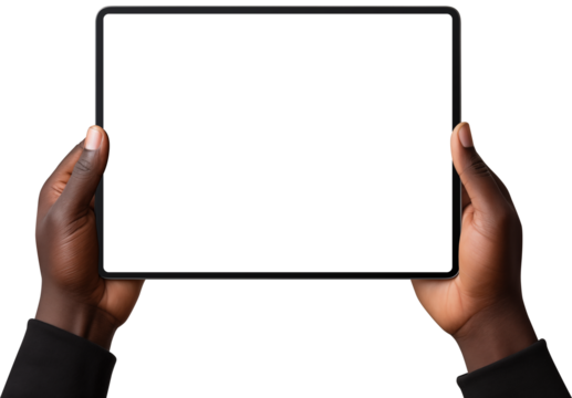 Black man holds digital tablet in hands. Isolated