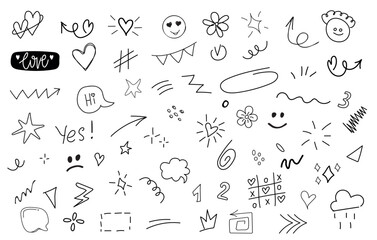 Big set of cartoon doodle hand drawn elements. Line art. Crowns, hearts, stars, flowers, sparkles, arrows, lightnings, smiley, signs and other funny design elements іsolated on white background. - obrazy, fototapety, plakaty