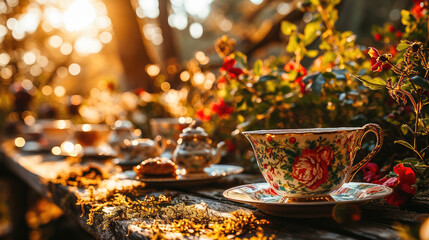 Warm sunlight bathes a vintage floral teacup in a tranquil garden setting, inviting a moment of peaceful relaxation. - obrazy, fototapety, plakaty
