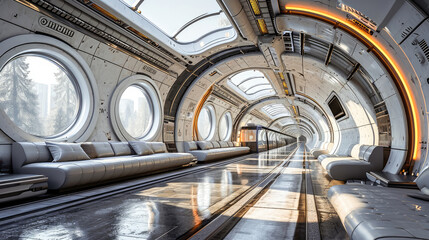 Futuristic space station corridor with sleek design and comfortable seating, perfect for sci-fi film and game backgrounds.