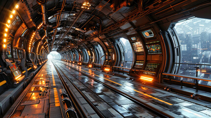 Futuristic science fiction corridor inside a spaceship or space station, with advanced technology and illuminated control panels.