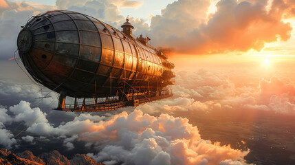 Stunning steampunk airship floating amidst the clouds at sunset in a fantasy adventure setting.
