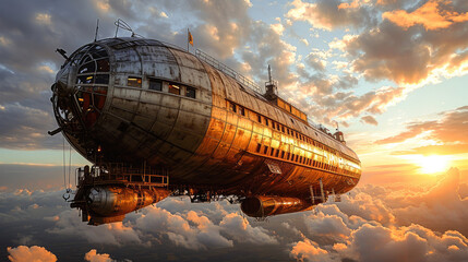 Fantastical steampunk airship floating among clouds in a golden sunset sky, evoking adventure and exploration in a retro-futuristic world.