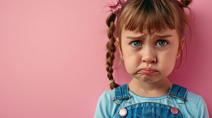 Fototapeta premium Portrait of sad offended crying little girl child on flat pink color background with copy space, banner template. A sad child makes a grimace.