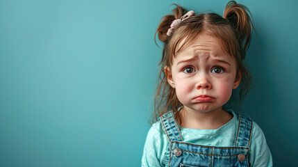 Portrait of sad offended crying little girl child on flat blue color background with copy space, banner template. A sad child makes a grimace.