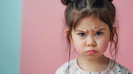 Portrait of sad asian offended crying little girl child on flat color background with copy space, banner template. A sad child makes a grimace. - obrazy, fototapety, plakaty