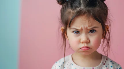 Fotobehang Portrait of sad asian offended crying little girl child on flat color background with copy space, banner template. A sad child makes a grimace. © IndigoElf