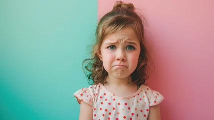 Fotobehang Portrait of sad offended crying little girl child on flat pink blue color background with copy space, banner template. A sad child makes a grimace. © IndigoElf