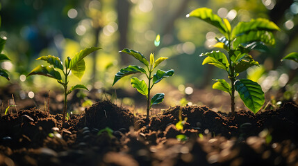 grass in the morning sun, Growth Trees concept Coffee bean seedlings nature background Beautiful...