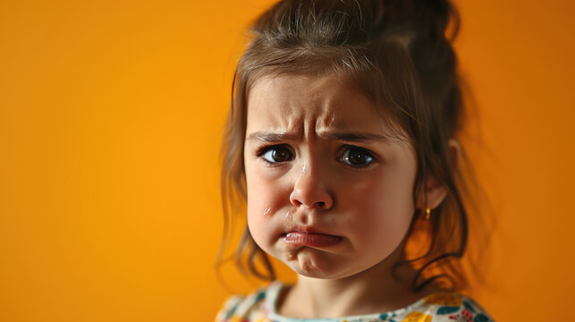 Portrait of sad offended crying little girl child on flat yellow color background with copy space, banner template. A sad child makes a grimace.