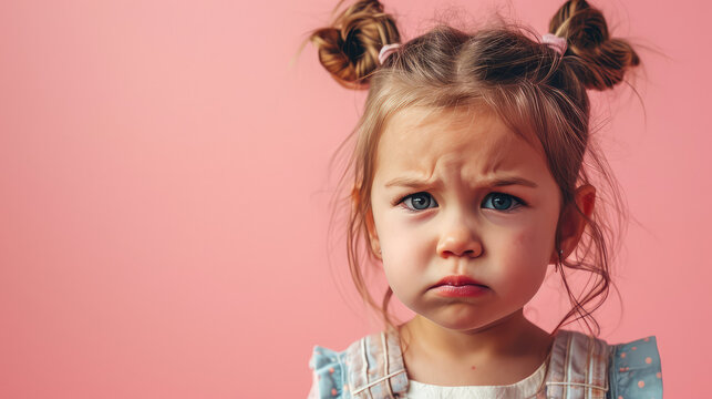 Portrait of sad European offended crying little girl child on flat color background with copy space, banner template. A sad child makes a grimace.