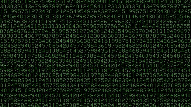 4K video of constantly running and changing rows of green glowing numbers, depicting encryption, programming or encoding.

