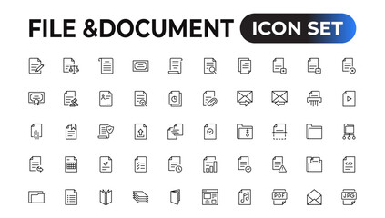 Fototapeta na wymiar Set of file and document Icons. Simple line art style icons pack. Vector illustration.