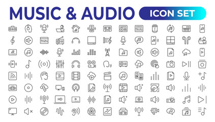 music and audio universal thin line icons set on white, minimalistic, flat Set of thin line web icon set, simple outline icons collection, Pixel Perfect icons, Simple vector illustration.