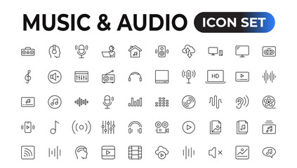 music and audio universal thin line icons set on white, minimalistic, flat Set of thin line web icon set, simple outline icons collection, Pixel Perfect icons, Simple vector illustration. - obrazy, fototapety, plakaty
