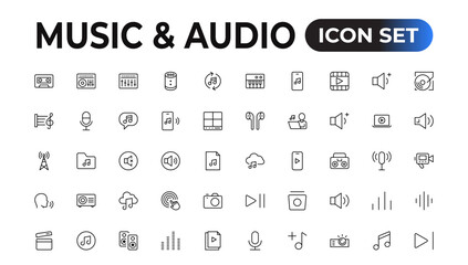music and audio universal thin line icons set on white, minimalistic, flat Set of thin line web icon set, simple outline icons collection, Pixel Perfect icons, Simple vector illustration.