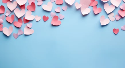 Fotobehang Imagen de San Valentín con corazones recortados de papel en fondo azul. © ACG Visual
