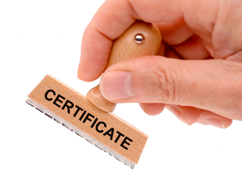 Rubber stamp in hand with the inscription certificate - Powered by Adobe