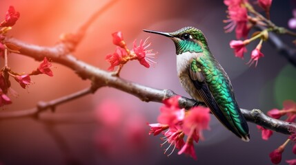A close-up of a tiny hummingbird perched delicately on a flower-covered branch, with vibrant blossoms surrounding it