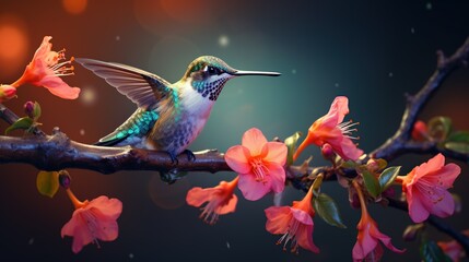 A close-up of a tiny hummingbird perched delicately on a flower-covered branch, with vibrant blossoms surrounding it