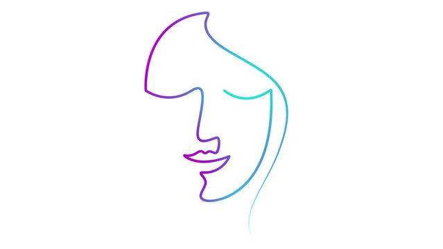 Animated pink blue linear face of a woman is gradually drawn. Head of beautiful girl from ribbon. Single line. Concept of beauty. Looped video. Vector illustration isolated on green background.