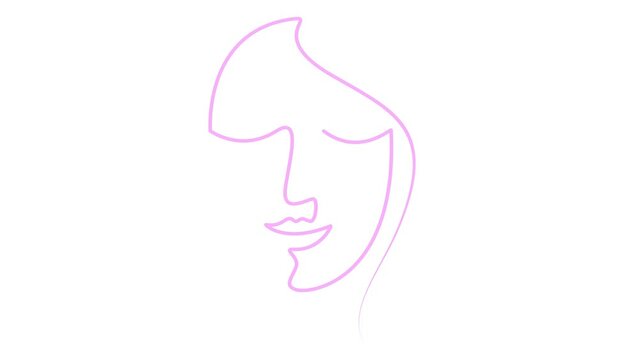 Animated pink linear face of a woman is gradually drawn. Head of beautiful girl from ribbon. Single line. Concept of beauty. Looped video. Vector illustration isolated on white background.