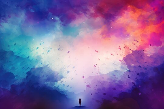 Silhouette of Jesus or God standing in the middle of a colorful watercolor background. Abstract background for February 14: Ash Wednesday