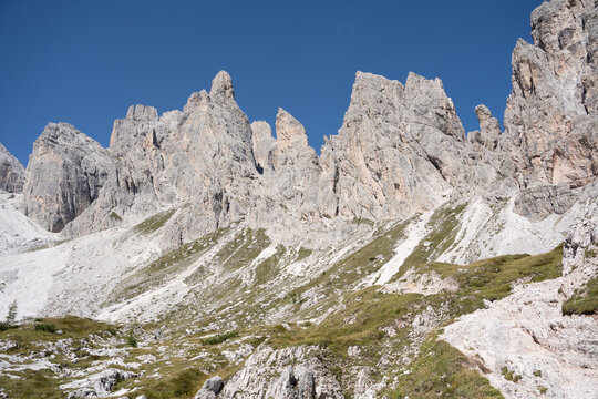 View of Dolomites mountains on the way from Bertih&uuml;tte to Laghetto Popera. Padola, Italy, Europe. 