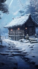 Fototapeta premium Best old wooden cabin ice snow scenery stock photos AI generated art