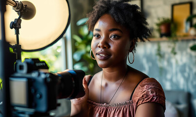 Confident African American Woman Creating Content for Vlog with Camera and Ring Light in a Stylish Home Setting