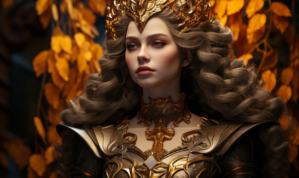Fantasy Autumn Queen with Majestic Golden Armor and Ornate Leaves, Exuding Elegance and Power