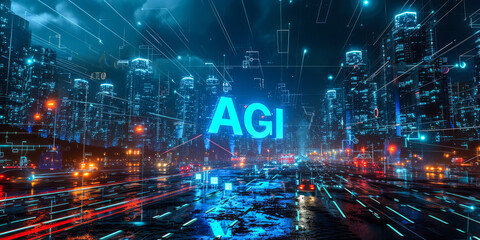 Illuminated AGI Concept in Neon Blue Over a Rain-Soaked Cityscape, Depicting Advanced Artificial General Intelligence Dominating the Urban Night Skyline - obrazy, fototapety, plakaty