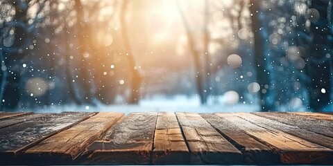 Scenic landscape blanketed in sparkling snow. Frosty morning delight. Winter scene bathed in soft sunlight. Nature palette. Christmas concept trees and snowflakes in frozen forest with wooden table