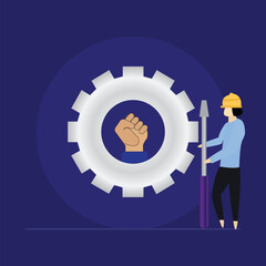 Happy Labor Day and Worker's Day concept, Hand Holding Wrench, Person Standing With Tool kit