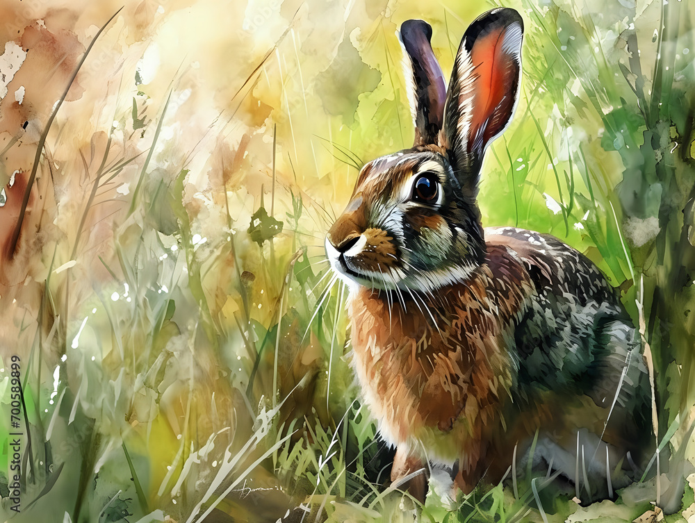 Wall mural hare in the grass watercolor - Wall murals