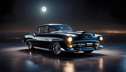 vintage unusual classic car concept, 3D illustration with empty concrete floor under open night starry sky,