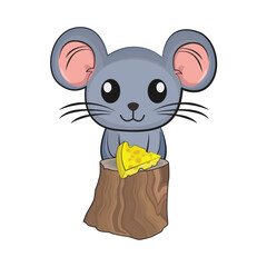 mouse, tree trank with cheese illustration 