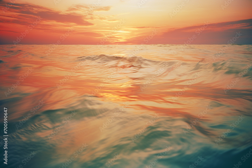 Poster abstract representation of a sunset over the ocean with warm and cool tones.