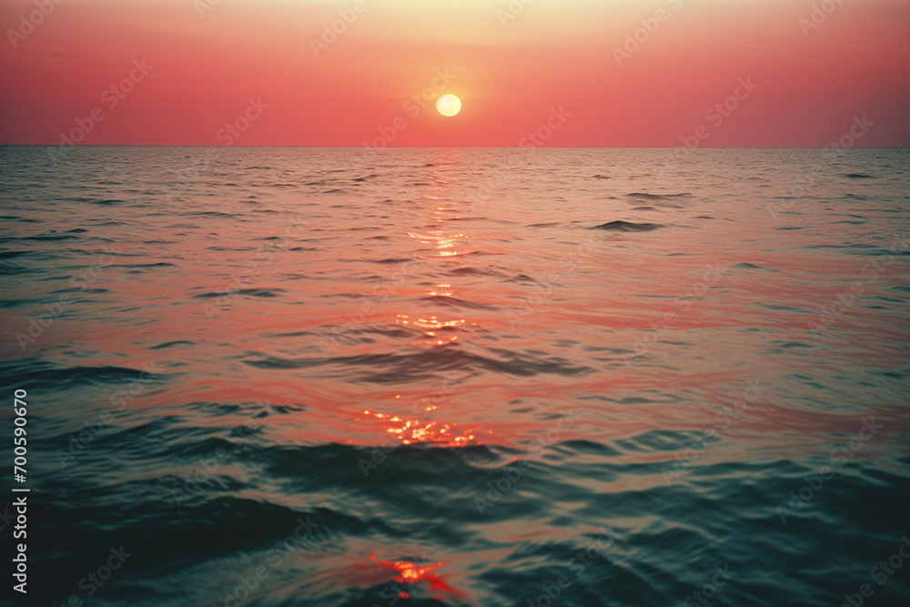 Poster abstract representation of a sunset over the ocean with warm and cool tones.
