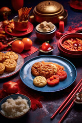 Fototapeta premium Accessories of Traditional Chinese lunar New Year dinner table, menu background with pork, fried fish, chicken, rice balls, dumplings, fortune cookie, nian gao cake, noodles, chinese decorations.