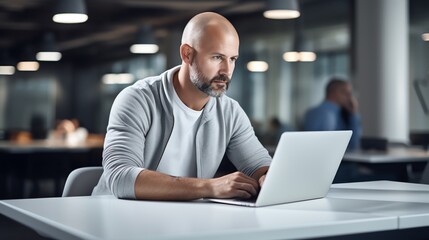 a man sitting at a table with a laptop - obrazy, fototapety, plakaty