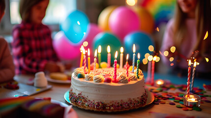 white birthday cake with candles, birthday party for children, children having fun, colorful cake, rainbow, multicolored balloons and sparkles, chocolate, sugar and candies, candles, sweet dessert