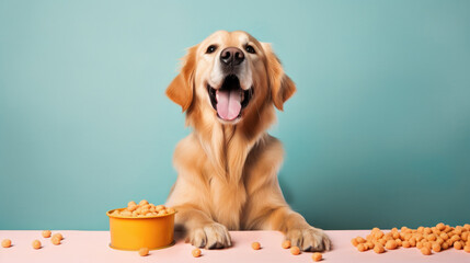 Dog food studio shot. dog food and Dog near its bowl full of food