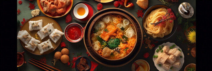 Accessories of Traditional Chinese lunar New Year dinner table, menu background with pork, fried fish, chicken, rice balls, dumplings, fortune cookie, nian gao cake, noodles, chinese decorations. - obrazy, fototapety, plakaty