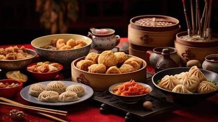 Poster Accessories of Traditional Chinese lunar New Year dinner table, menu background with pork, fried fish, chicken, rice balls, dumplings, fortune cookie, nian gao cake, noodles, chinese decorations. © tong2530