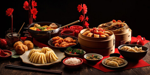Fototapeta premium Accessories of Traditional Chinese lunar New Year dinner table, menu background with pork, fried fish, chicken, rice balls, dumplings, fortune cookie, nian gao cake, noodles, chinese decorations.