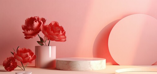 Podium with Flower. flower. 3D podium display, pastel pink background with Peonies flower and palm leaf shadow. Minimal pedestal for beauty, cosmetic product. Holiday, feminine copy space template 