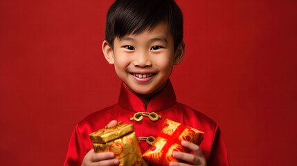 Asian cute boy holding angpao or red packet monetary gift and gold ingot isolated on red background. Happy Chinese new year.