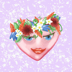 Heart with blue eyes and light smile on the face and with a flower wreath on spotted light purple background